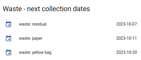 screenshot of waste collection dates in homeassistant dashboard
