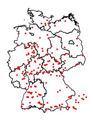3 example cities plotted into German state borders